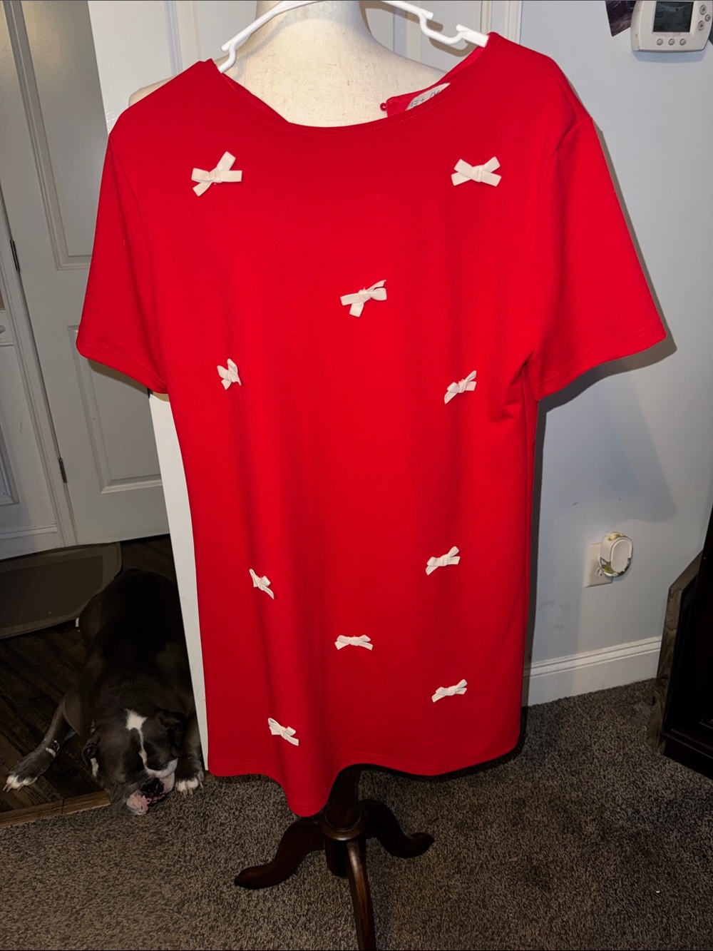 She + Sky Red Short-Sleeve Tee Dress with White Bow Detail